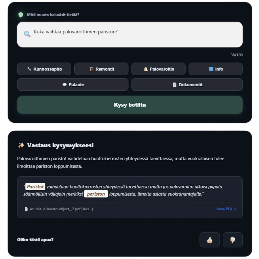 POIMII-avustaja vastaa asukkaan kysymykseen ja näyttää lähteen dokumentista